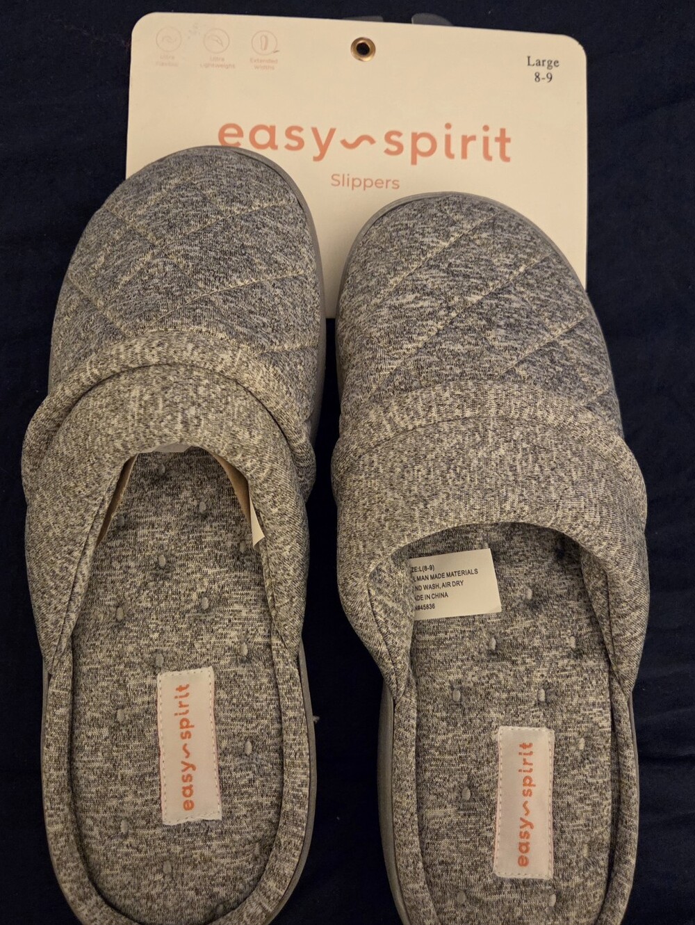 Easy Spirit Gray Quilted Slippers, Large 8-9, NWT